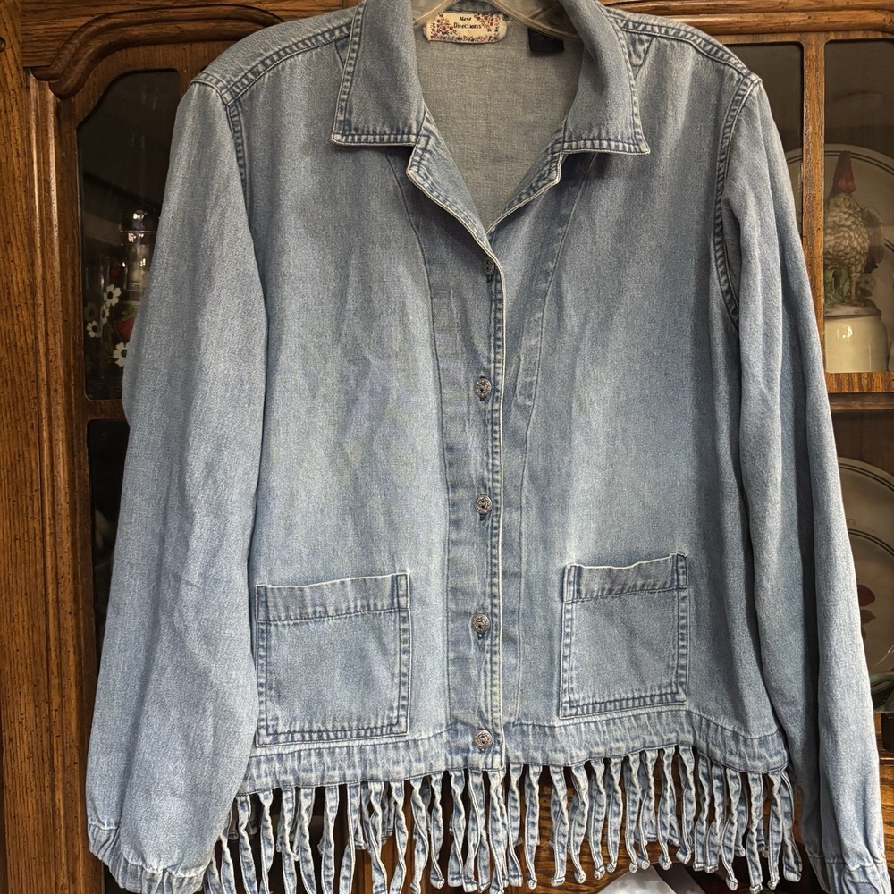 Vintage New Denim‎ Women's Shirt/Jacket Large Light Wash Y2K Button Down Fringe